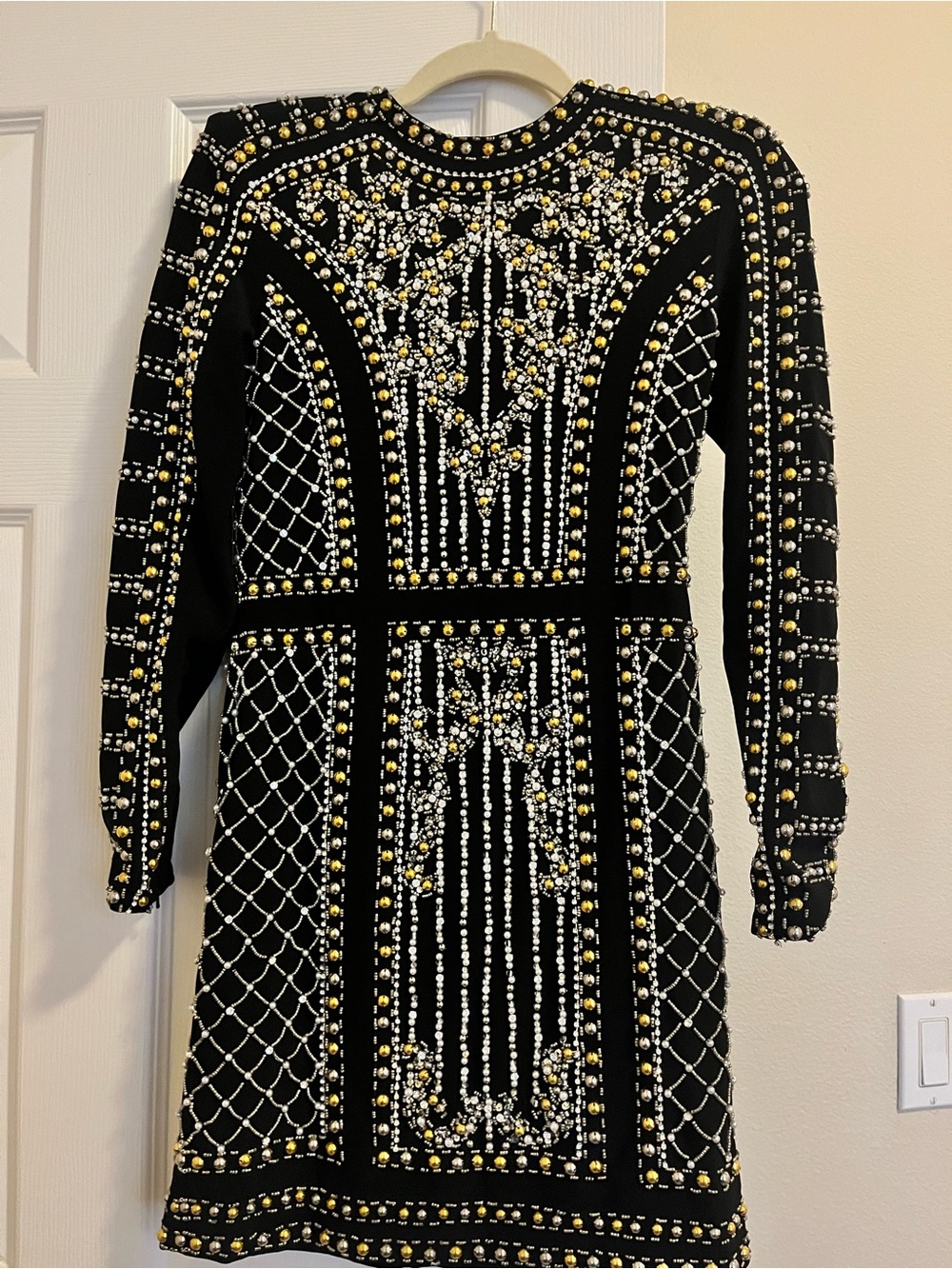 Tony Bowls Black Long Sleeve Embellished Mini Dress with Gold and Silver Beading